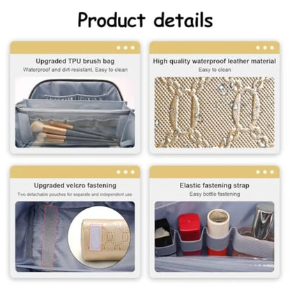 Travel Makeup Bag for Women: Cosmetic Organizer Bag with Compartments - Leather Make up Bags Set of 3