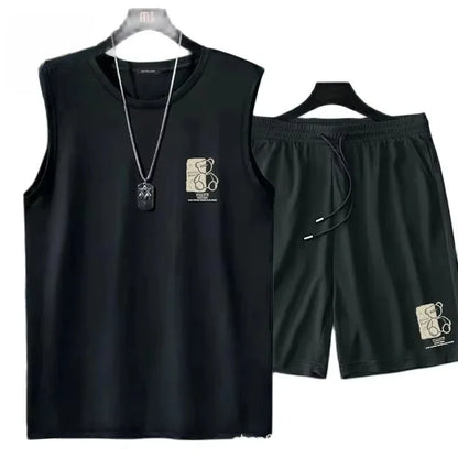 Men's Fashion Breathable Fitness Basketball Sports Quick-Drying 2-Piece Set, Sleeveless T-Shirt & Jogging Shorts