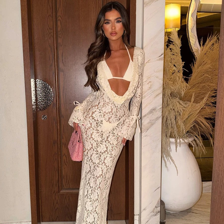 Solid color sexy lace long sleeved dress three piece set mesh swimsuit bikini