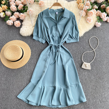Ladies Shirt Collar Ruffle Midi Dress Summer New V-Neck Tie Versatile Dress