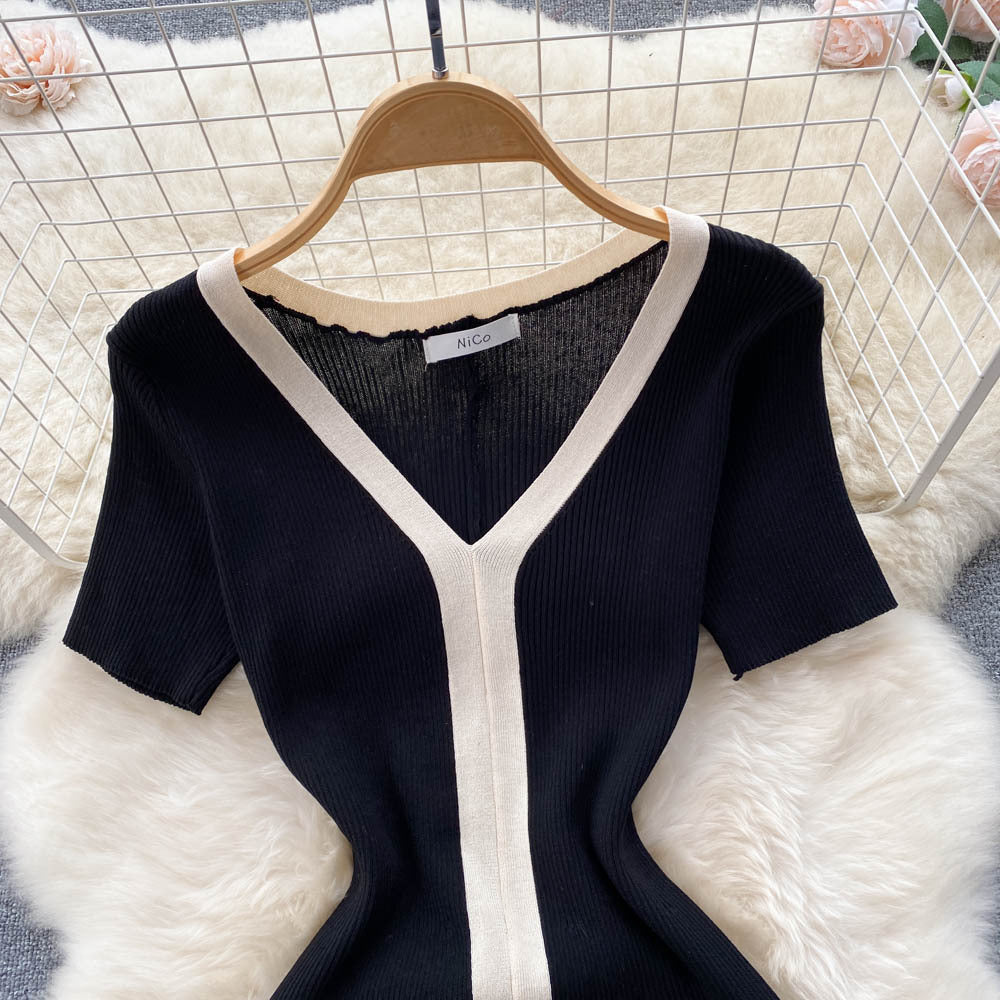 Women Summer French Style Dress Vacation V Neck Knit Temperament Ladies Solid Vacation A Line Midi Long Dresses