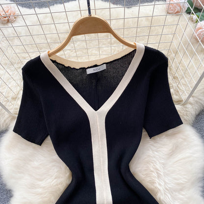 Women Summer French Style Dress Vacation V Neck Knit Temperament Ladies Solid Vacation A Line Midi Long Dresses