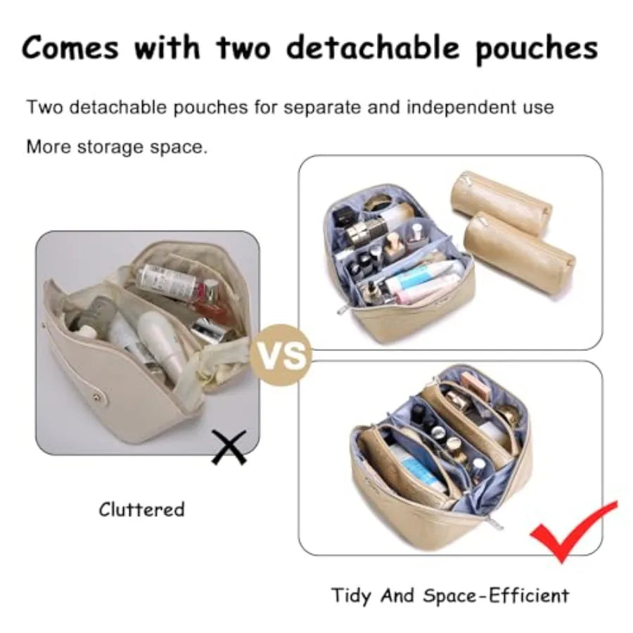 Travel Makeup Bag for Women: Cosmetic Organizer Bag with Compartments - Leather Make up Bags Set of 3