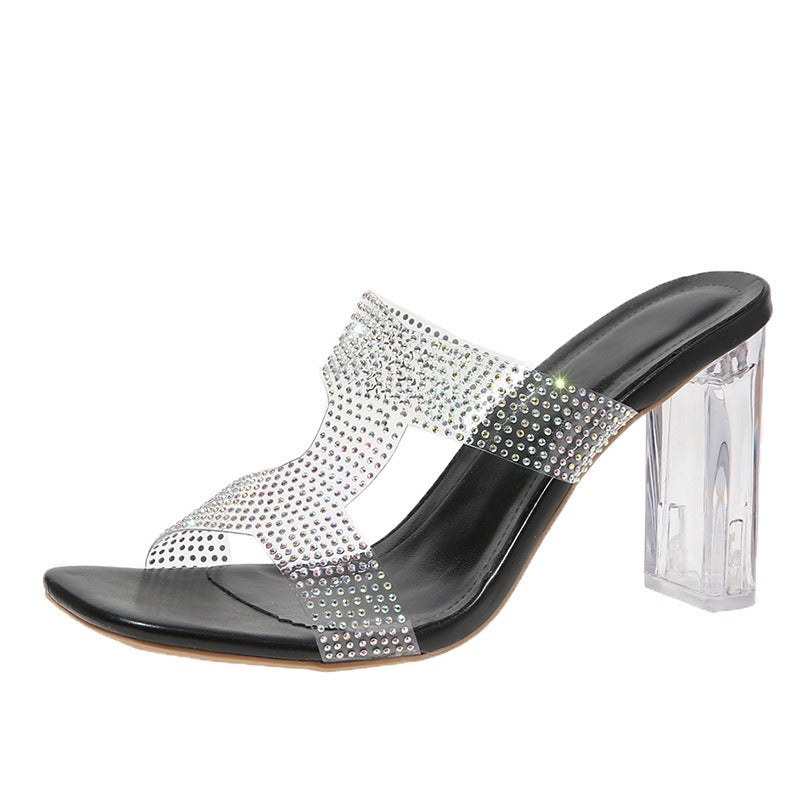 High heeled slippers for women, new summer style, straight line with PVC outer wear, fashionable crystal heels, zippers, ladies