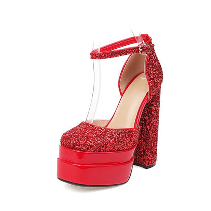 Rhinestone Ankle Strap Super Thick High Heels Platforms Pumps For Women Casual Spring Summer Shallow Party Chunky Shoes Ladies