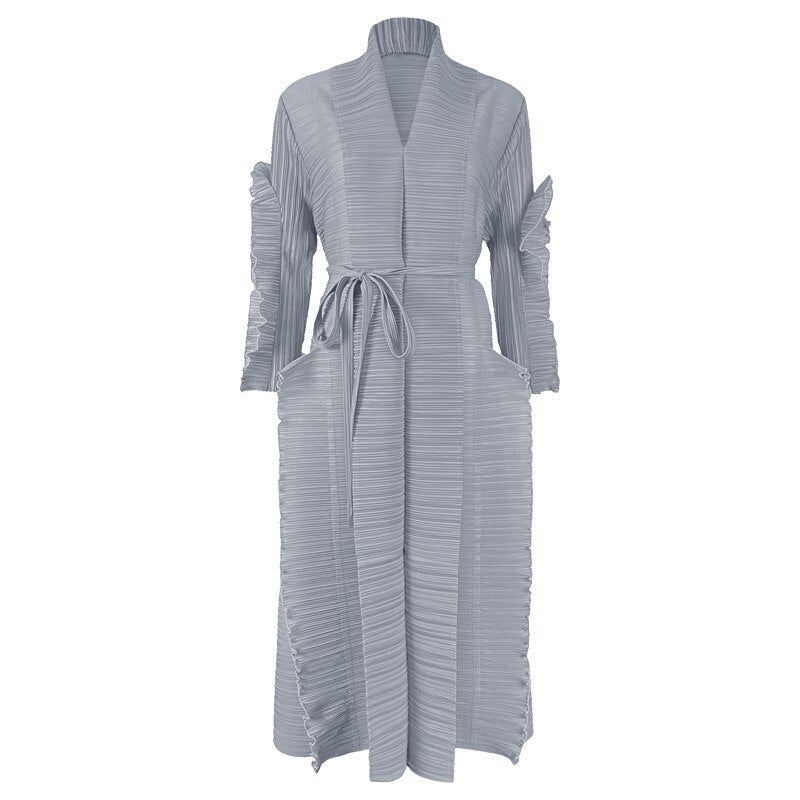Spring And Summer Women's Catwalk Models Fungus Edge Long Sleeve Stitching Straps Pleated Dress