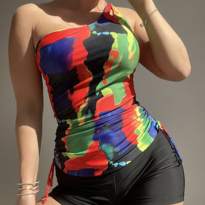 Women's color block patchwork single shoulder swimsuit