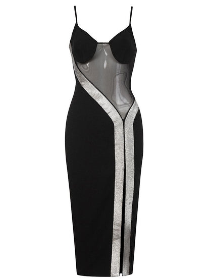 Spaghetti Strap Bandage Dress Women Transparent Mesh Patchwork Mesh Dress Ladies Summer Sexy Club Party Dresses