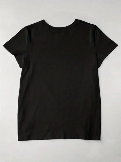 Black Short-Sleeve Crew Neck Graphic Tee with Bold Lettering and Cross Design