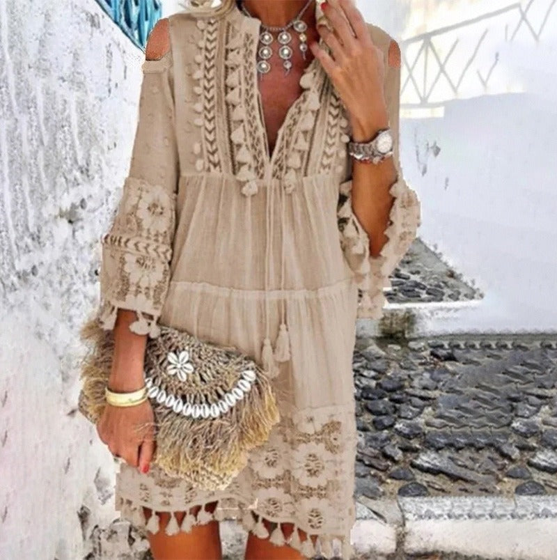 New Women's Fashion Sweet Ladies Dress Long Sleeve Dress Fringe Dress