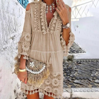 New Women's Fashion Sweet Ladies Dress Long Sleeve Dress Fringe Dress
