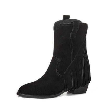 Pointed Tassel Vintage Boots with Thick Heel – "Tassel Edge" Edition