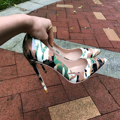 Tikicup Women Camouflage Patent Pointy Toe High Heel Shoes Unique Ladies Fashion Dress Stiletto Pumps Plus Size 33-45
