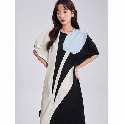 Ladies contrasting color patchwork short sleeved loose fitting dress for women's clothing with a sense of luxury