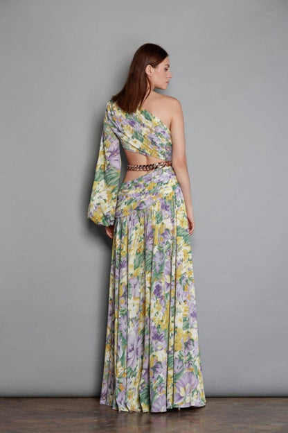 Women's Sloping Shoulder Sexy Navel Floral Skirt Temperament Ladies Irregular Swing Dress