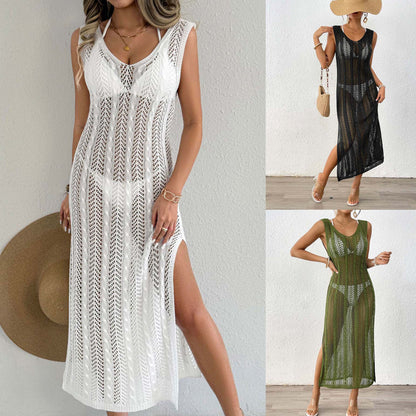 Ladies' Vacation Beach Dress, Hollow Knit Sleeveless Maxi Dress
