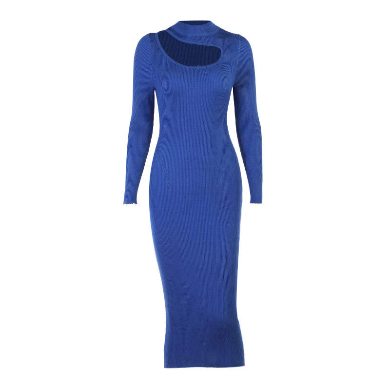 Ribbing Knitted Women's Solid Slim Midi Dress Autumn Mock-neck Hollow Out Long Sleeve Dresses Ladies Sexy Elegant Vestidos