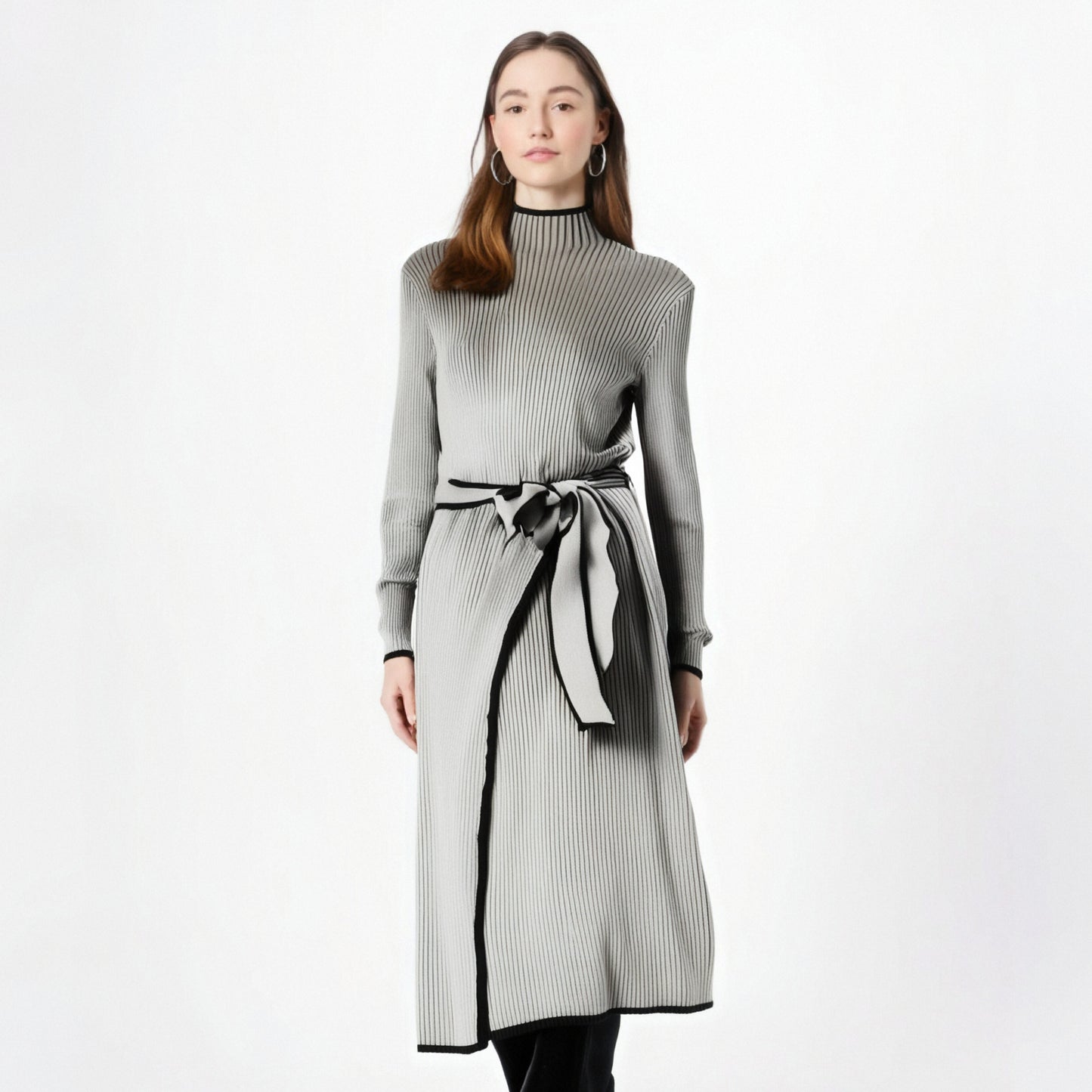 Korean Elegant Knitted Women Dress Full Sleeve O-neck Belted Sweater Dresses Solid Chic Warm Fashion Ladies Vestidos