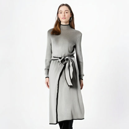 Korean Elegant Knitted Women Dress Full Sleeve O-neck Belted Sweater Dresses Solid Chic Warm Fashion Ladies Vestidos