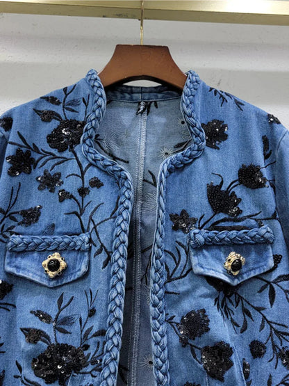 Women's Denim Coats Embroidery Sequins Flowers Buttonless Irregular Collar Twist Jackets  Summer New Fashion