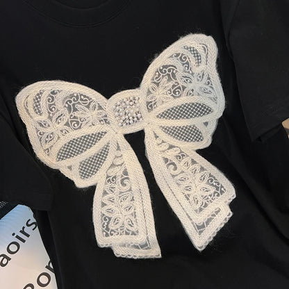 Summer Stylish Loose T-shirt Tees Women Bow Fashion Elegant Chic Ladies Tops Black Short Sleeve O-neck Tshirts Y2k Tops