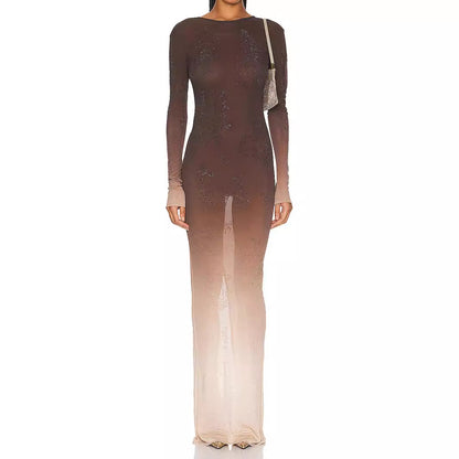 Gradient color rhinestone dress for women's summer, new European and American trend, high-end design, sexy long skirt for ladies