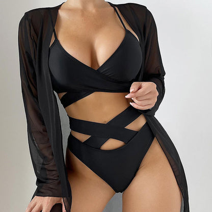 Open Front Beach Cover-Up Bikini Swimwear Three-Piece Set Push-Up High-Waisted Hot Spring Swimsuit for Women