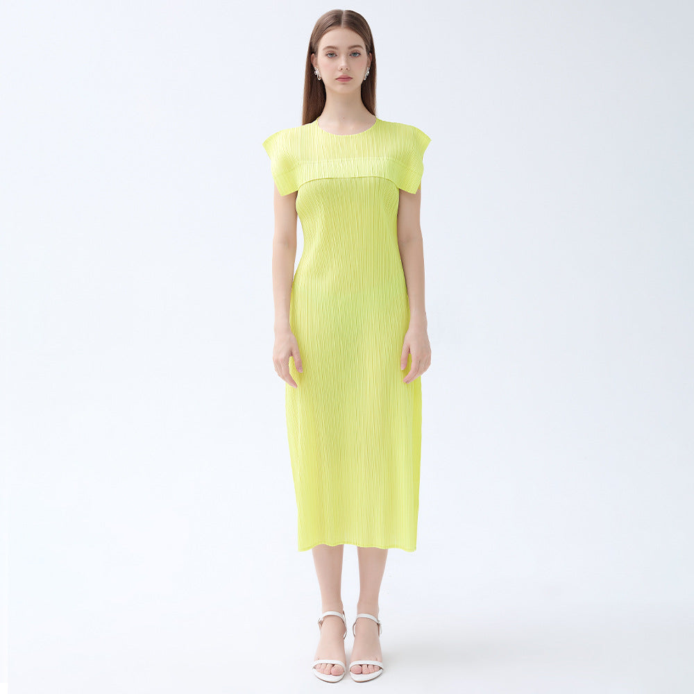 Ladies summer simple loose sleeveless pleated waistcoat round neck mid-length dress