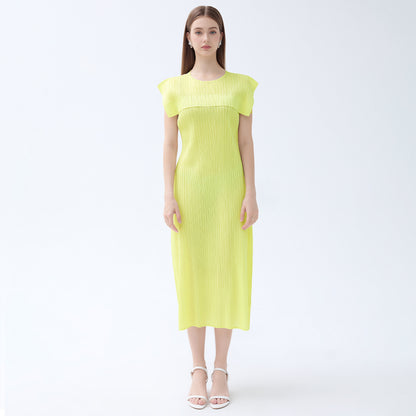 Ladies summer simple loose sleeveless pleated waistcoat round neck mid-length dress