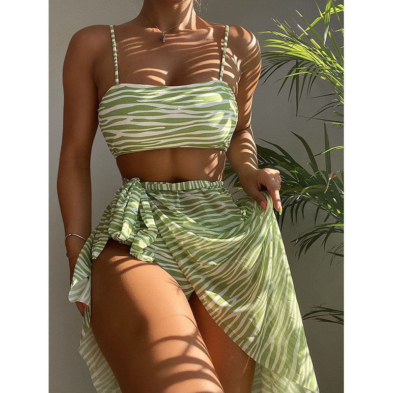 striped Bikini Three-Piece Swimwear Set with Beach Dress for Women