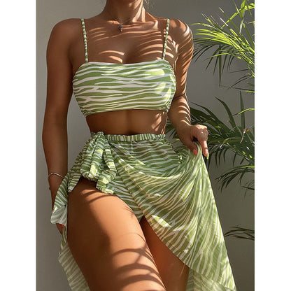 striped Bikini Three-Piece Swimwear Set with Beach Dress for Women