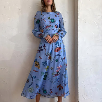 New Spring Summer Women Hollow Out Party Dress Printing Loungewear O-Neck Long Lantern Sleeve Loose Ladies Maxi Dress Streetwear