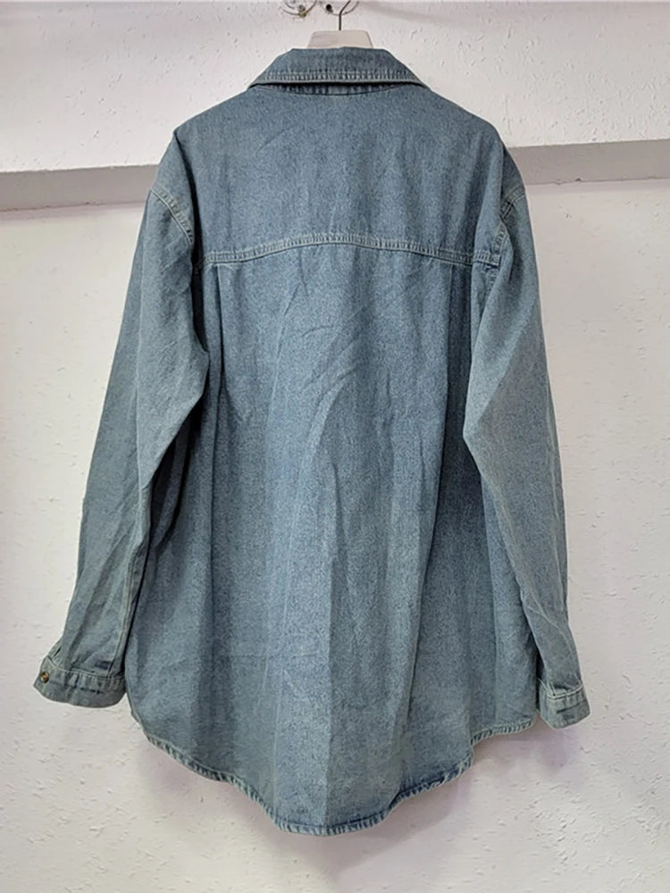 Women's Denim Shirt Loose Patchwork Full Sequins Single Breasted Blue Long Sleeve Blouse  Summer New Fashion