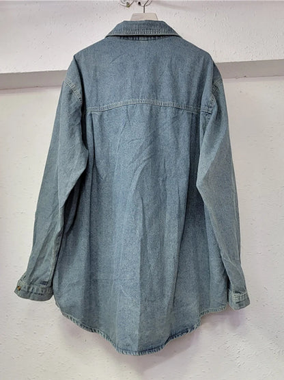 Women's Denim Shirt Loose Patchwork Full Sequins Single Breasted Blue Long Sleeve Blouse  Summer New Fashion