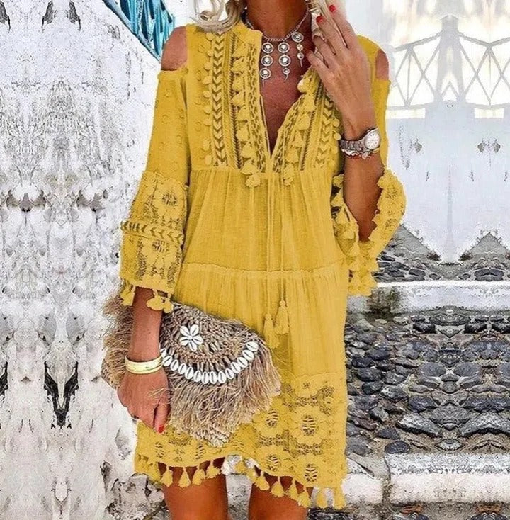 New Women's Fashion Sweet Ladies Dress Long Sleeve Dress Fringe Dress