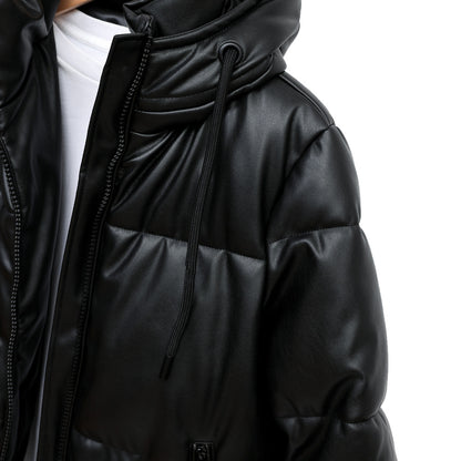 Hooded PU Leather Cotton Coat Ladies Mid-Length Leather Jacket Warm Padded Jacket
