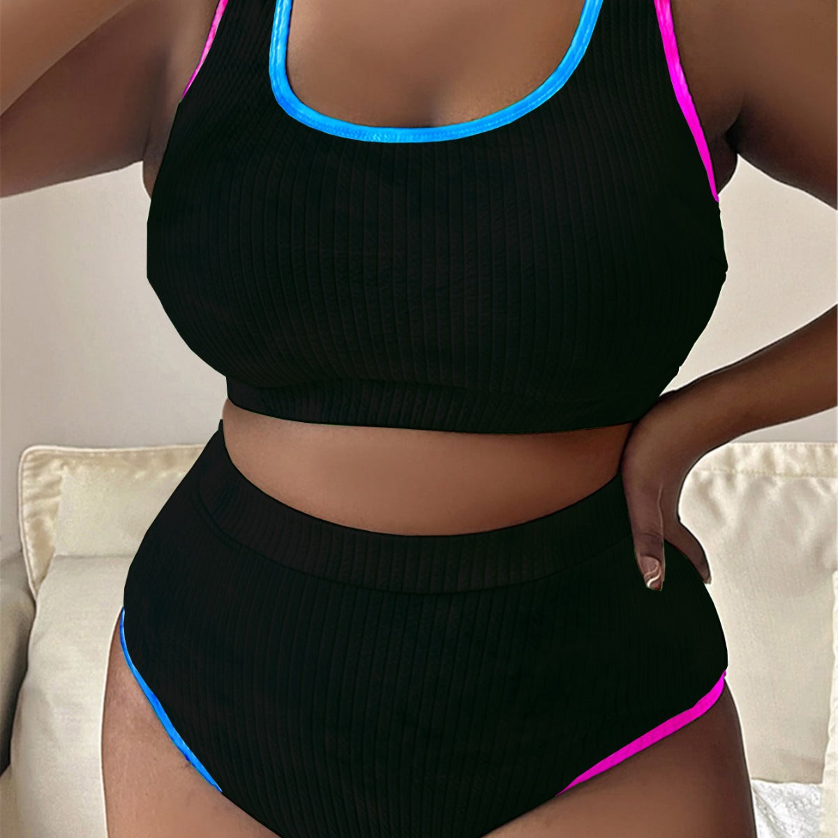 Tankini sexy swimsuit with contrasting tie dye fabric