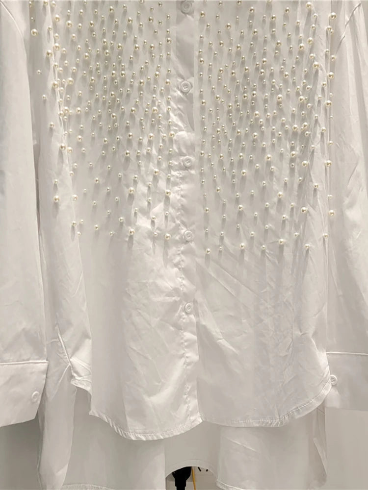 Women's Denim Shirt Loose Solid Color Full Pearls Single Breasted Female Causal Blouse Summer New Fashion