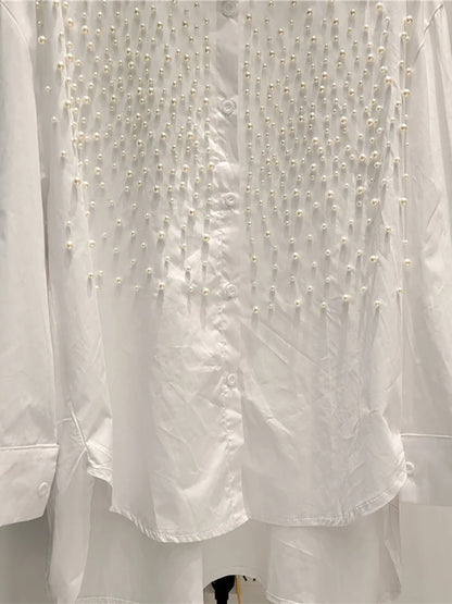 Women's Denim Shirt Loose Solid Color Full Pearls Single Breasted Female Causal Blouse Summer New Fashion
