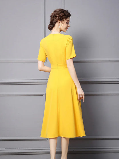 ZJYT Elegant Ladies Midi Simple Yellow Party Dresses for Women Summer Designer Bowknot Short Sleeve Office Vestidos Aline