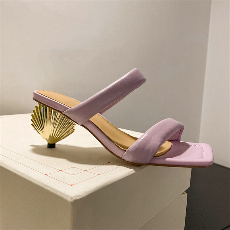 Metal Scalloped Heel Design Ladies High Heel Slippers Square toe Monster Heel Slippers Fashion Summer Party Slippers