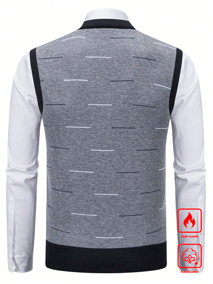 Men's V-Neck Thermal Lined Knit Vest for Business & Leisure, Warm Padded Sweater Vest with Stripe Pattern