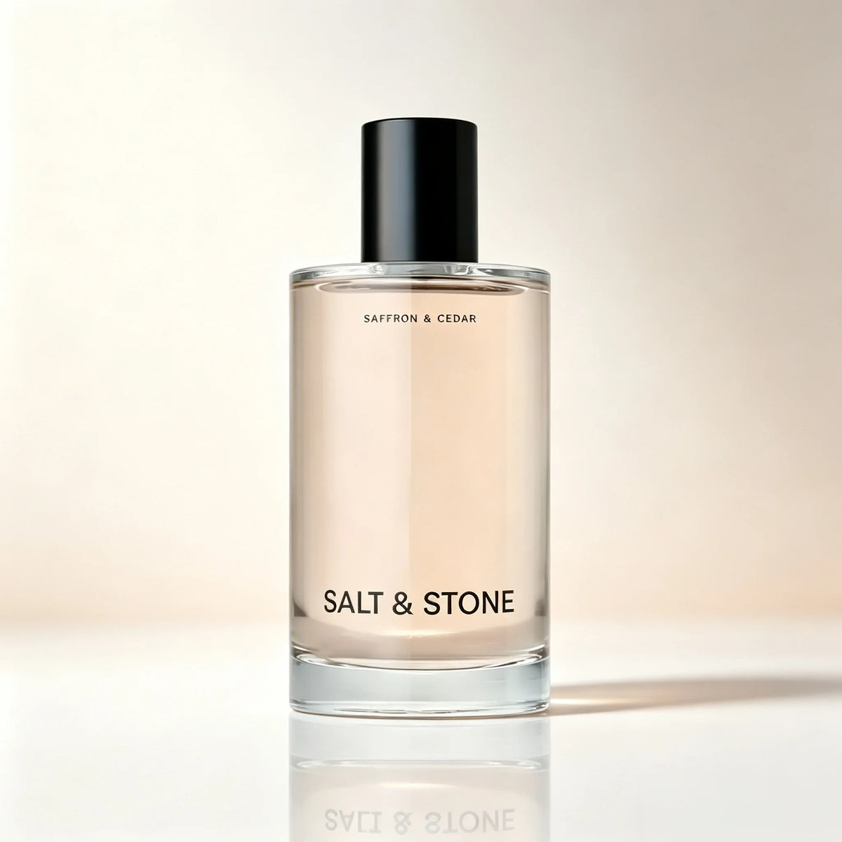Long-Lasting Saffron & Cedar Unisex Perfume: Salt & Stone, Warm Woody Spicy Scent, Tall Clear Glass Bottle with Matte Black Cap, Minimalist Fragrance for Men and Women, 100ml
