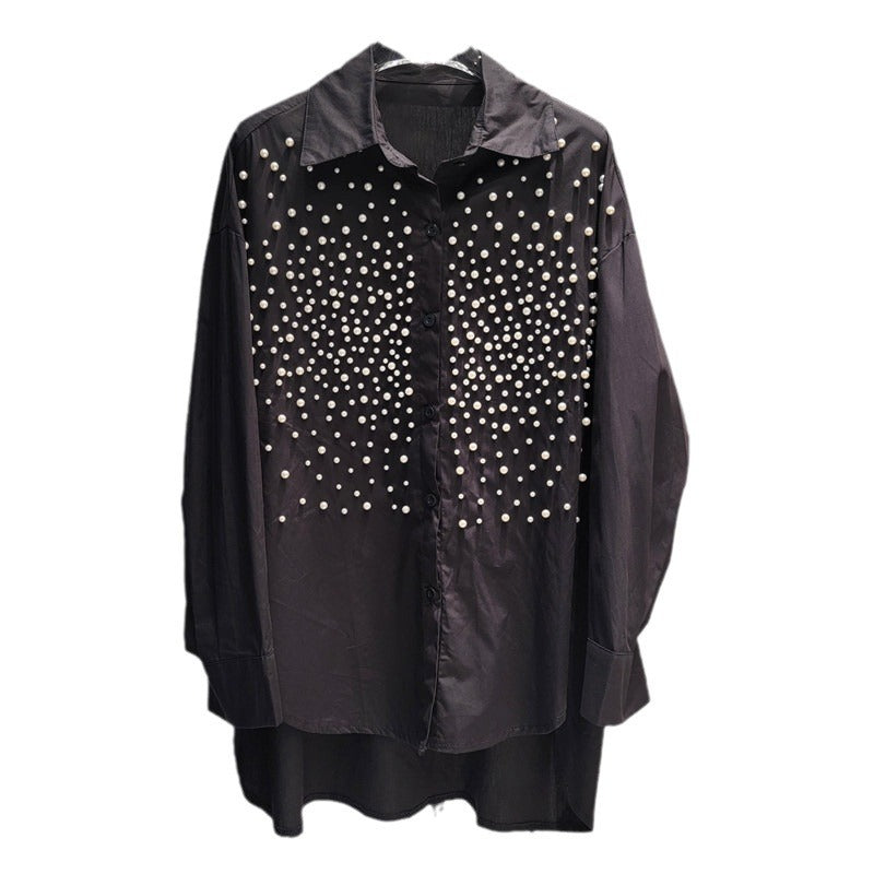 Women's Denim Shirt Loose Solid Color Full Pearls Single Breasted Female Causal Blouse Summer New Fashion