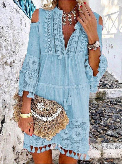 New Women's Fashion Sweet Ladies Dress Long Sleeve Dress Fringe Dress