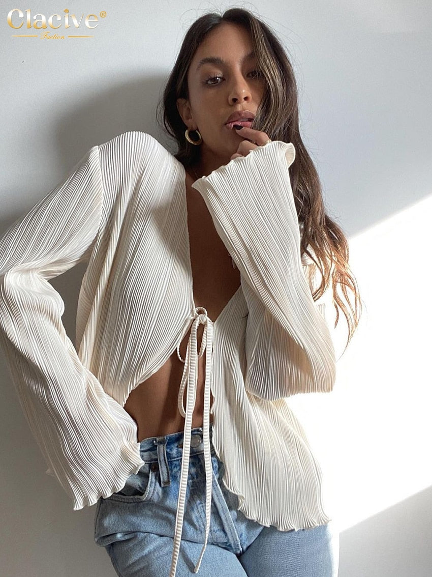 Clacive Sexy White Lace-Up Women'S Shirt Summer Bodycon Long Sleeve Blouses Ladies Fashion Pleated Top Female Clothing