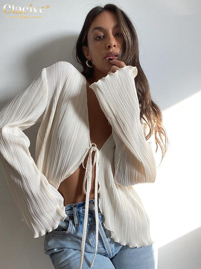 Clacive Sexy White Lace-Up Women'S Shirt Summer Bodycon Long Sleeve Blouses Ladies Fashion Pleated Top Female Clothing