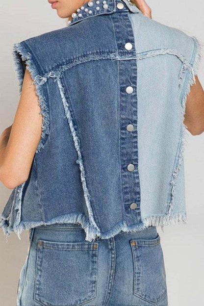 Pearl Raw Hem Sleeveless Denim Jacket for Women Stylish