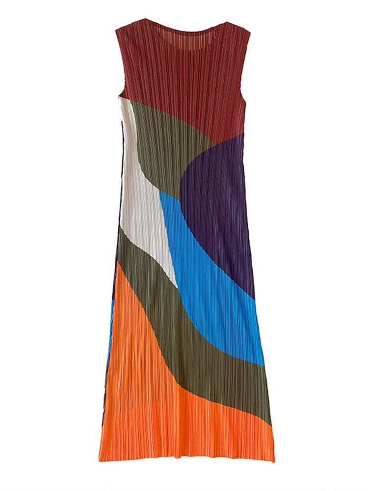 Color Block Pleated Sleeveless Dress For Women Summer Slim Fit Round Neck Mid Length Ladies Elegant Clothing