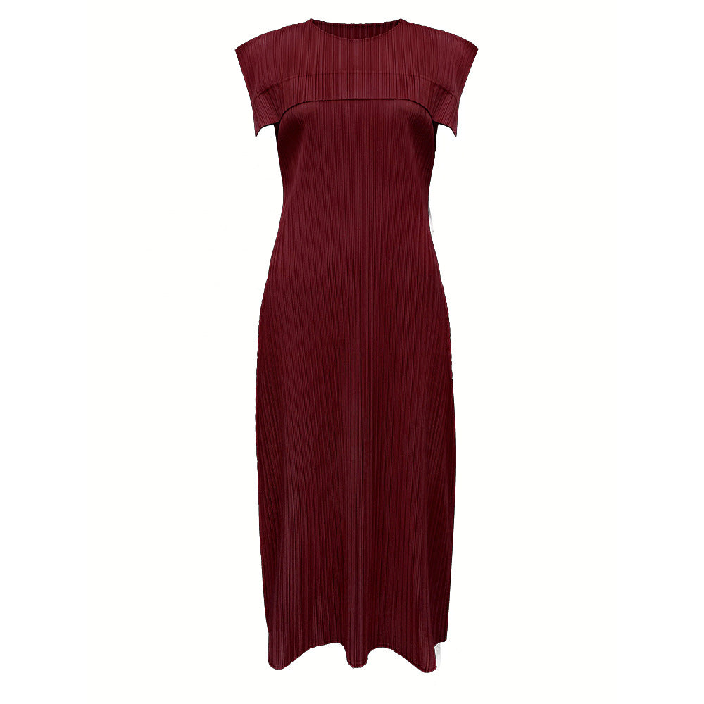 Ladies summer simple loose sleeveless pleated waistcoat round neck mid-length dress